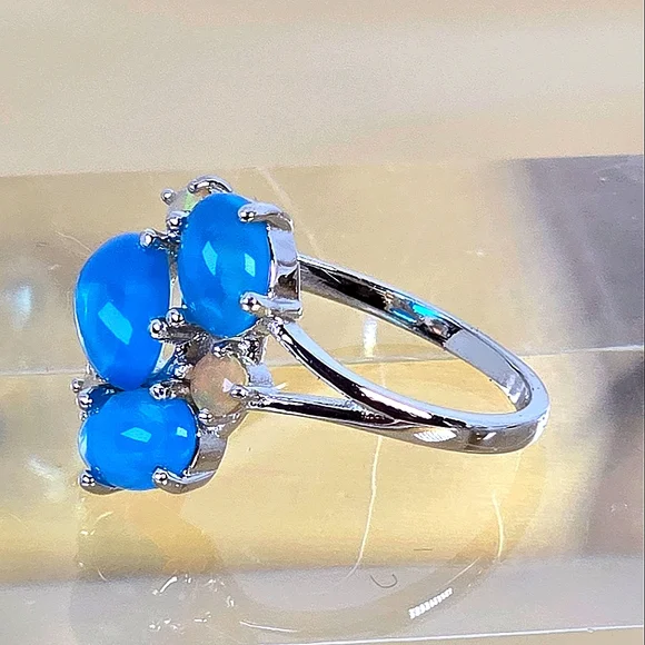 925 Sterling Silver Ring with Natural Oval Blue Opal 8x6mm & Fire Opal Gemstones - Picture 6 of 14